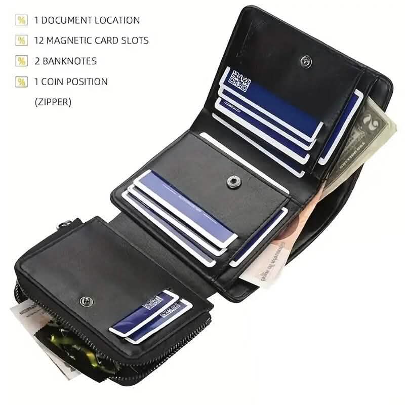 Men's Short Multi-Card Slots Tri-Fold Zipper Coin Pocket Wallet - A-1 Thread Vault