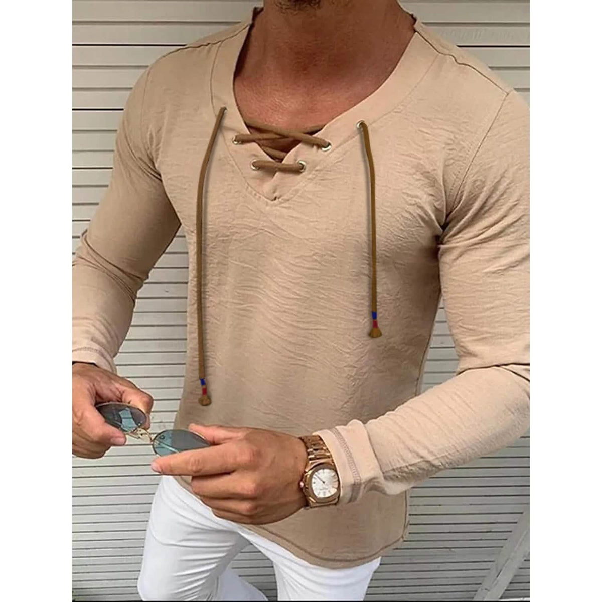Men's Solid V Neck Long Sleeved Cotton Linen Shirt - A-1 Thread Vault