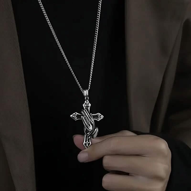 Men's Stainless Steel Prayer Hand and Cross Pendant Necklace - A-1 Thread Vault