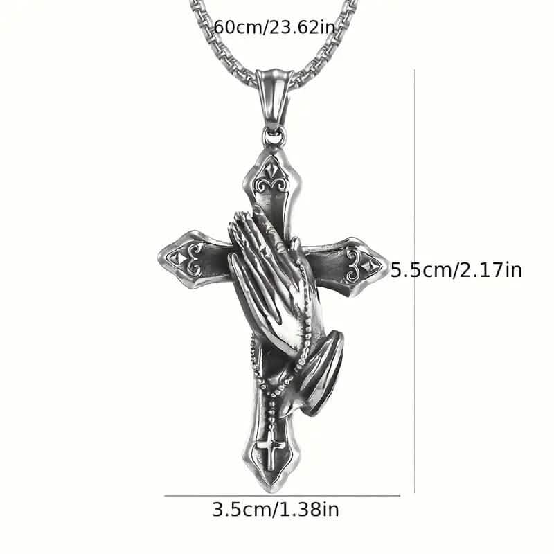 Men's Stainless Steel Prayer Hand and Cross Pendant Necklace - A-1 Thread Vault