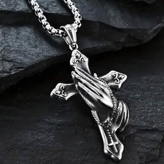 Men's Stainless Steel Prayer Hand and Cross Pendant Necklace - A-1 Thread Vault