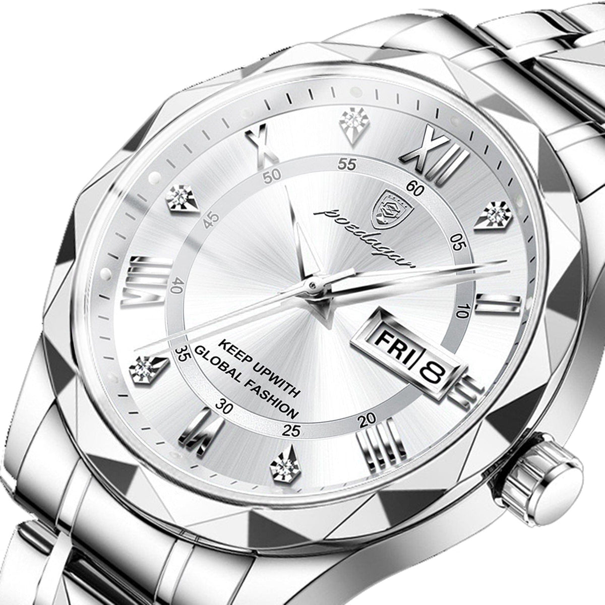 A silver-toned analog wristwatch with a metallic link bracelet, featuring a textured geometric bezel and a circular silver dial with diamond-style hour markers and a date window.