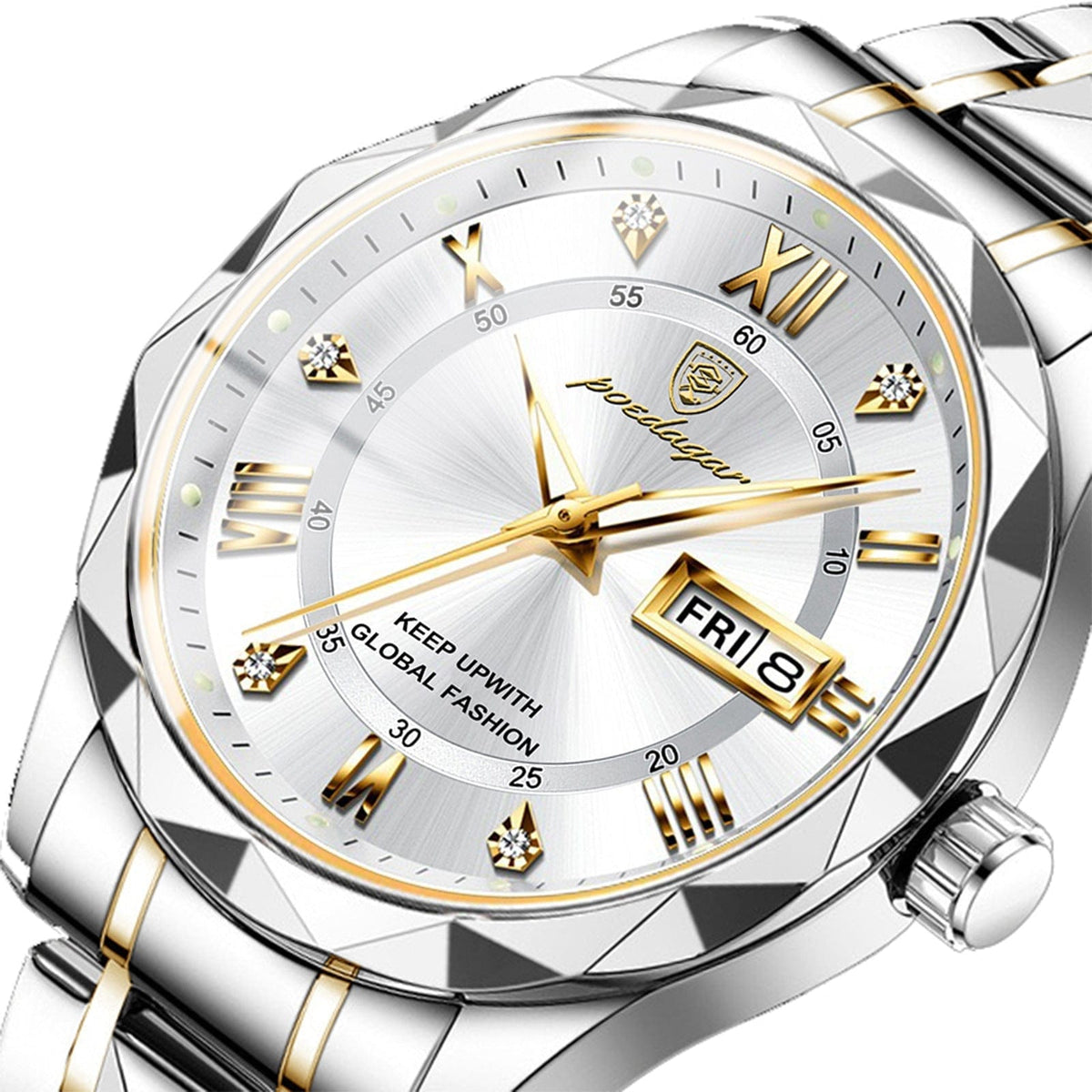 A silver and gold-tone analog wristwatch features a faceted bezel, a sunray white dial with gold Roman numeral markers, and a day-date display at the three o'clock position.