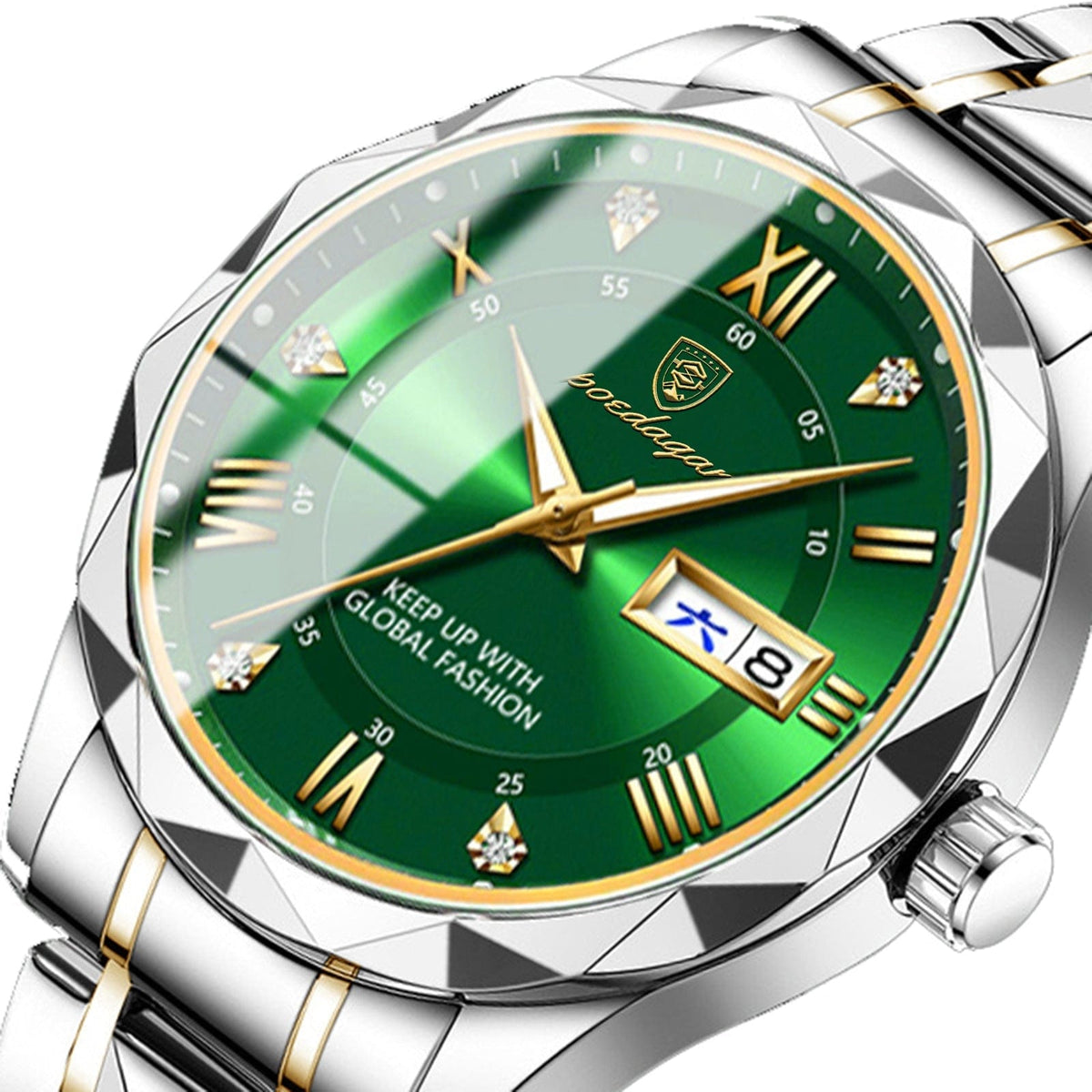 A close-up view of a wrist watch with a green circular face, gold hands, gold Roman numeral markers, diamond-style accents, and a two-tone silver and gold metal link band.