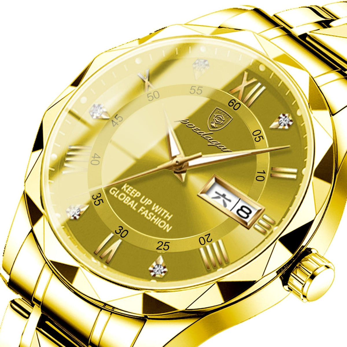 A gold-toned analog wristwatch features a faceted bezel, a sunray dial with crystal hour markers, and a date display window positioned at the three o'clock mark.