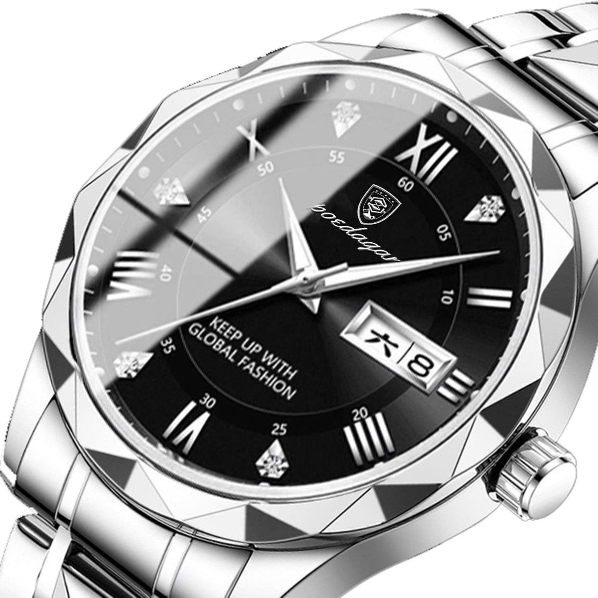 A silver-toned wristwatch features a multifaceted, geometric-cut bezel, a black dial with Roman numeral indices, diamond-like hour markers, silver hands, and a calendar window displaying a Chinese character and the numeral eight.