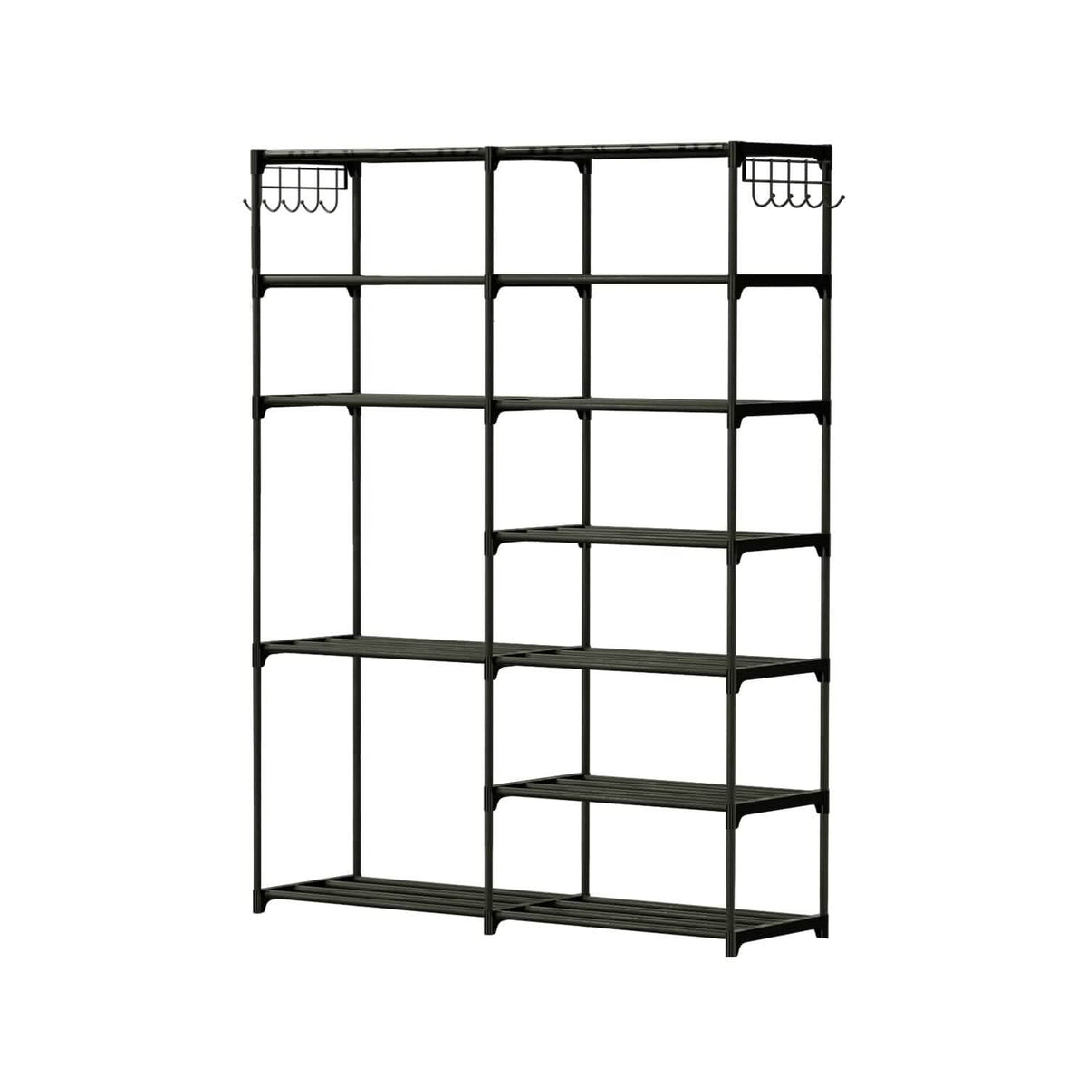 Metal Shoe Storage Shelf Free Standing Shoe Stand with 2 Row Hooks - A-1 Thread Vault