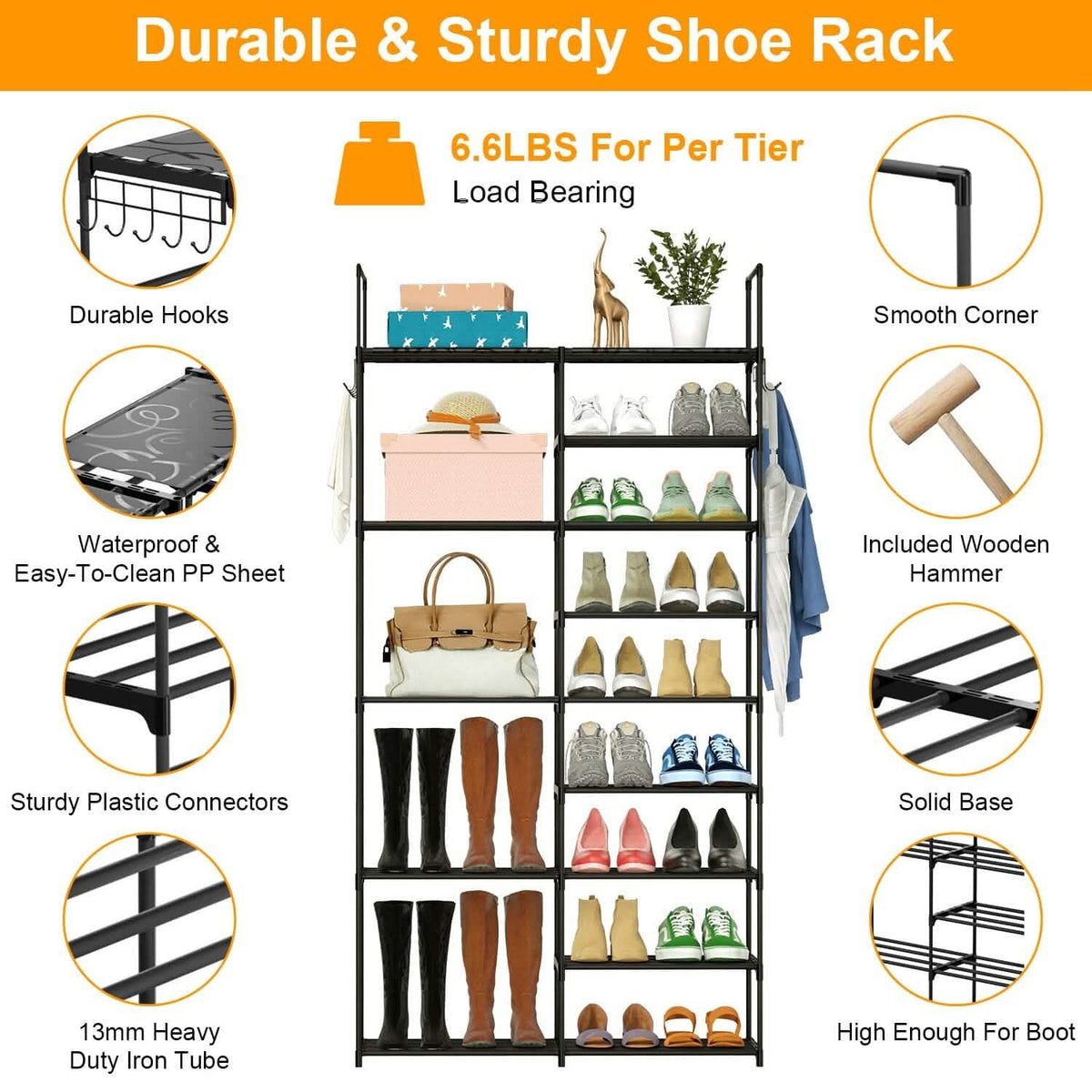 Metal Shoe Storage Shelf Free Standing Shoe Stand with 2 Row Hooks - A-1 Thread Vault
