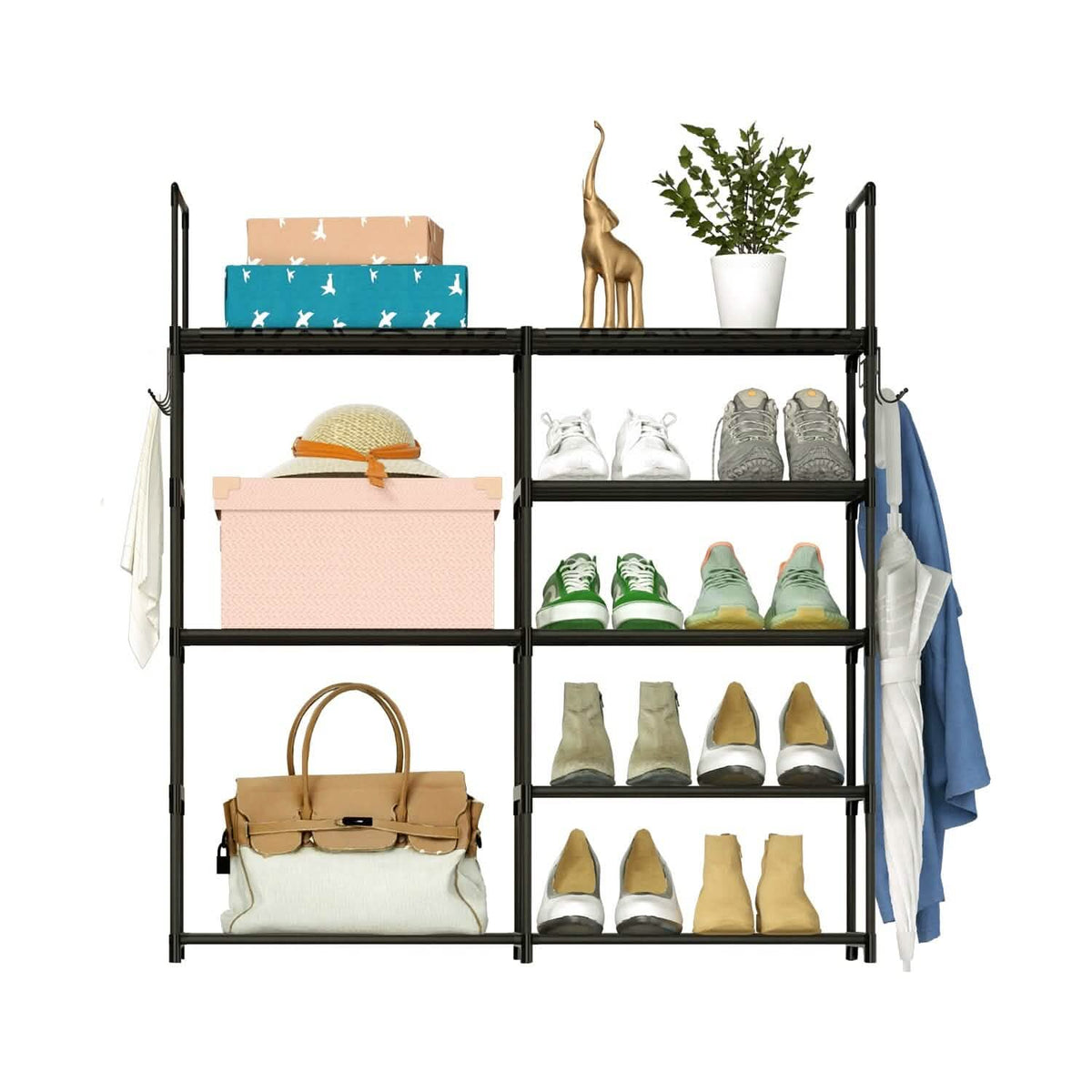 Metal Shoe Storage Shelf Free Standing Shoe Stand with 2 Row Hooks - A-1 Thread Vault