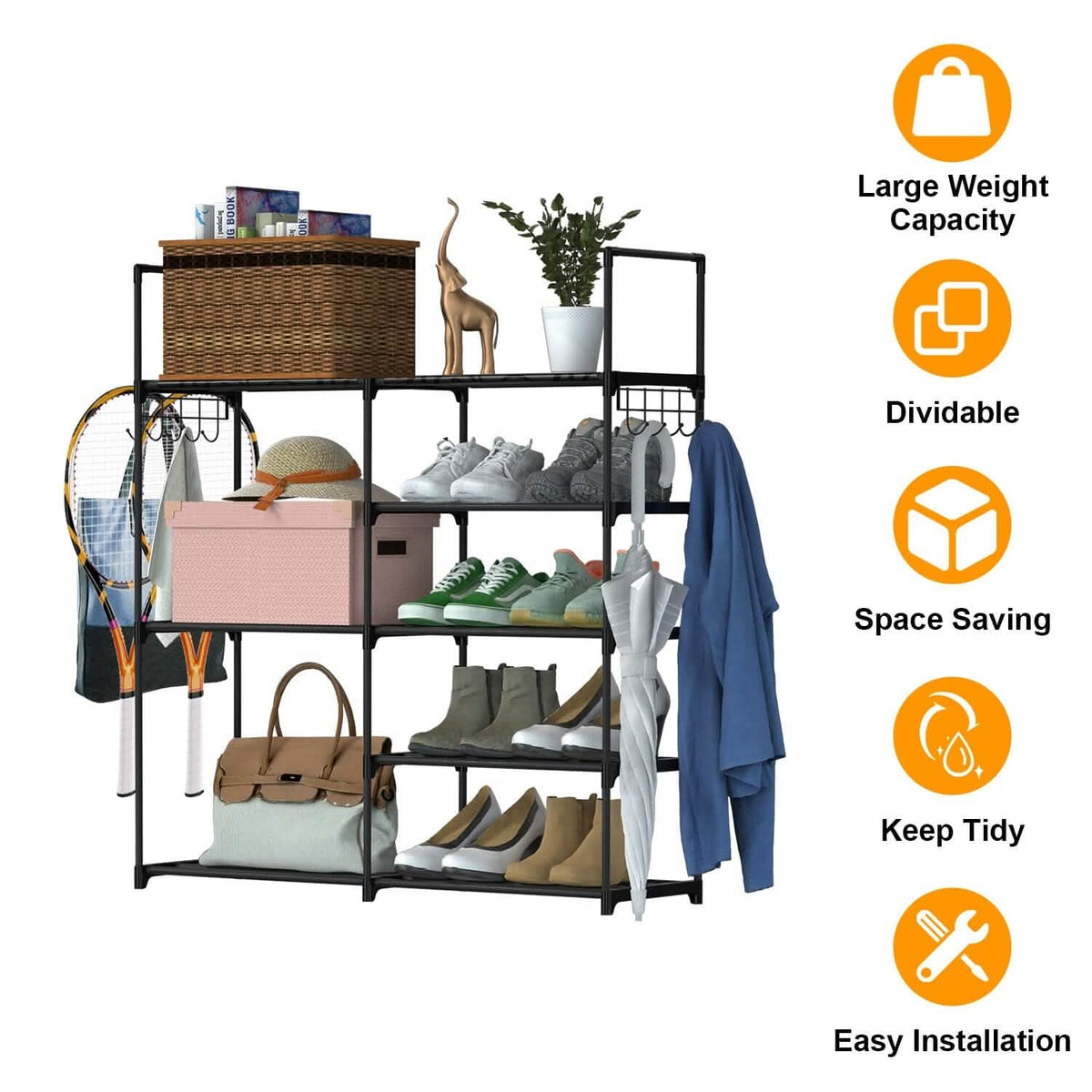 Metal Shoe Storage Shelf Free Standing Shoe Stand with 2 Row Hooks - A-1 Thread Vault