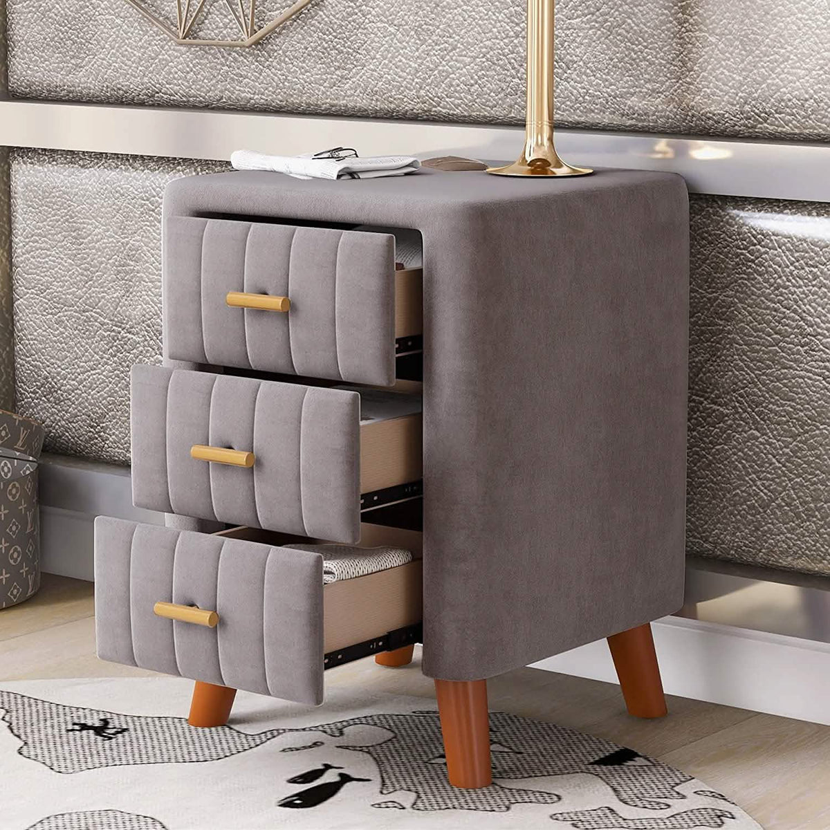 Modern Bedside Velvet Upholstered 3-Drawer Nightstand with Metal Handles - A-1 Thread Vault