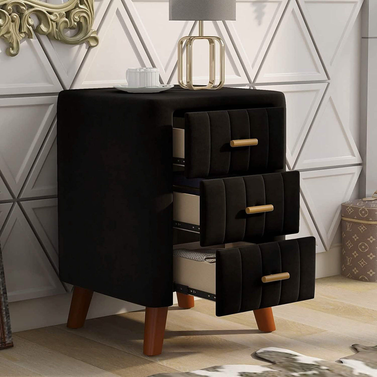Modern Bedside Velvet Upholstered 3-Drawer Nightstand with Metal Handles - A-1 Thread Vault
