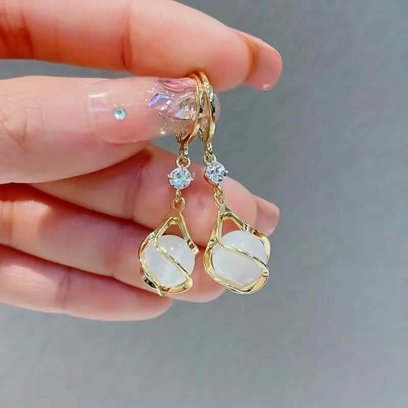Moonstone Bead Shiny Rhinestone Dangle Earrings - A-1 Thread Vault