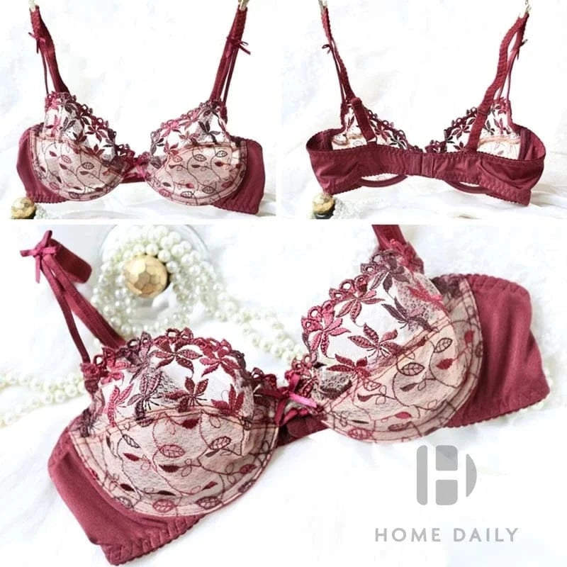 MOYISU Pure Desire Victoria Thin Bra Set Lace Mesh Red Beautiful Back Sex Underwear Hold Up with Underwire Transparent Bra Woman - A-1 Thread Vault