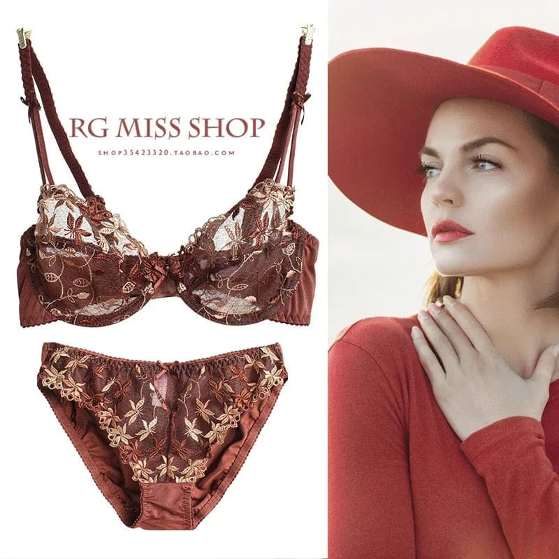 MOYISU Pure Desire Victoria Thin Bra Set Lace Mesh Red Beautiful Back Sex Underwear Hold Up with Underwire Transparent Bra Woman - A-1 Thread Vault