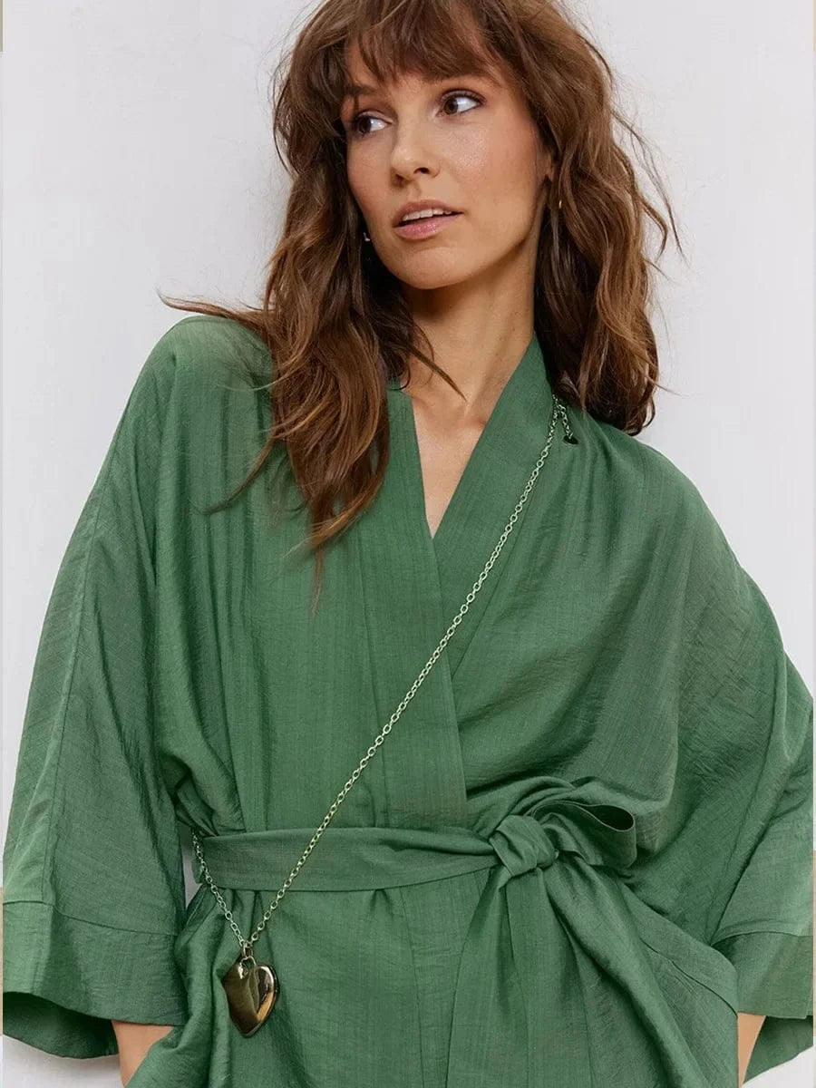 Mozuleva Women's Long Sleeved Pajama Set New Autumn Green Lace Up Pajamas Loose Pants Leisure Home Clothing 2-piece Set - A-1 Thread Vault