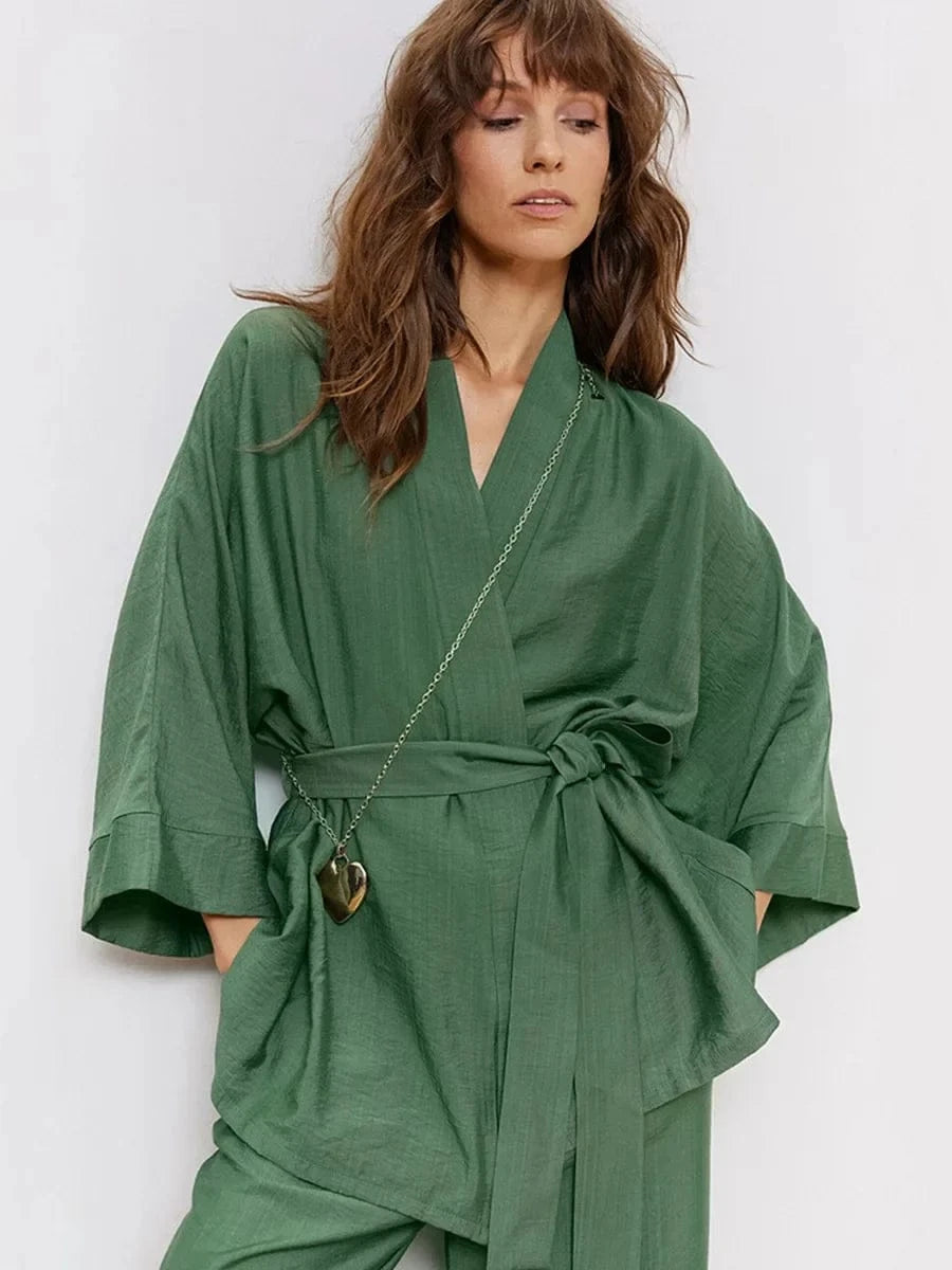 Mozuleva Women's Long Sleeved Pajama Set New Autumn Green Lace Up Pajamas Loose Pants Leisure Home Clothing 2-piece Set - A-1 Thread Vault