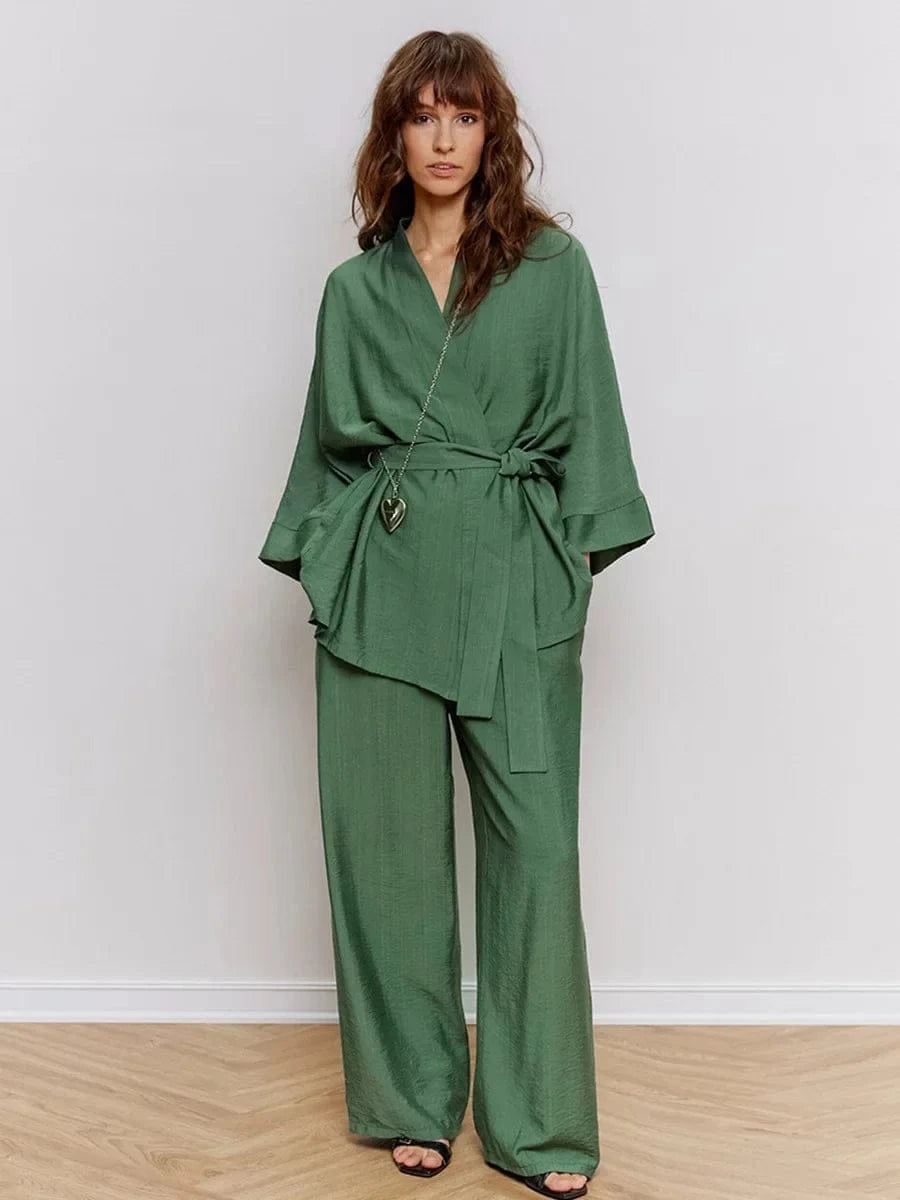 Mozuleva Women's Long Sleeved Pajama Set New Autumn Green Lace Up Pajamas Loose Pants Leisure Home Clothing 2-piece Set - A-1 Thread Vault
