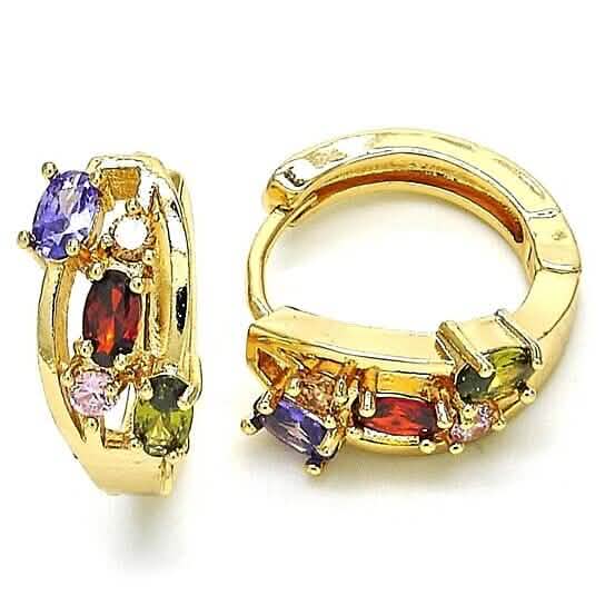 Multi Color Halo Huggie Oval Stones Earrings In Yellow Gold Filled High Polish Finish - A-1 Thread Vault