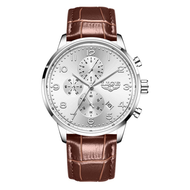 A round analog wristwatch with a silver face, dark brown textured leather strap, and stainless steel casing.