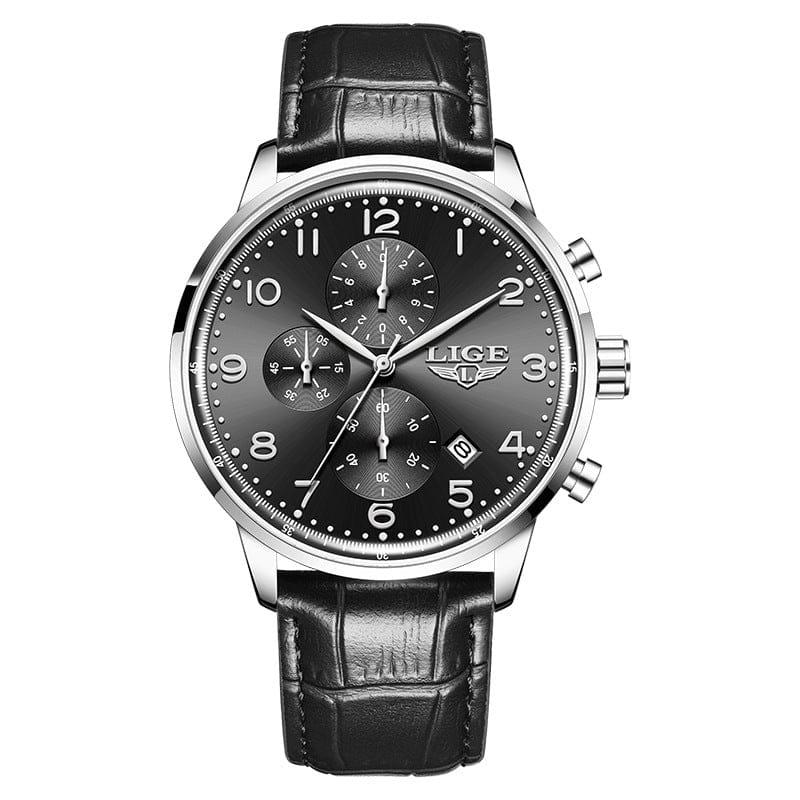 A black-faced analog wristwatch with Arabic numerals, three sub-dials, a date window, and a black textured leather strap.