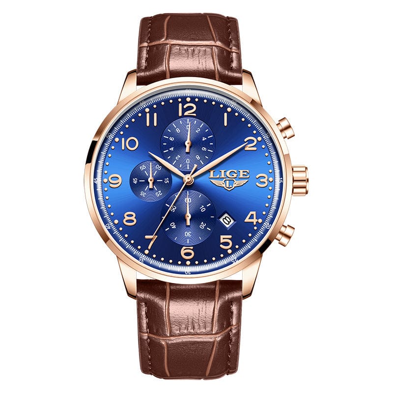 A round analog watch featuring a metallic rose gold-tone case, a deep blue dial with gold markers and numerals, three sub-dials, and a textured brown leather strap.
