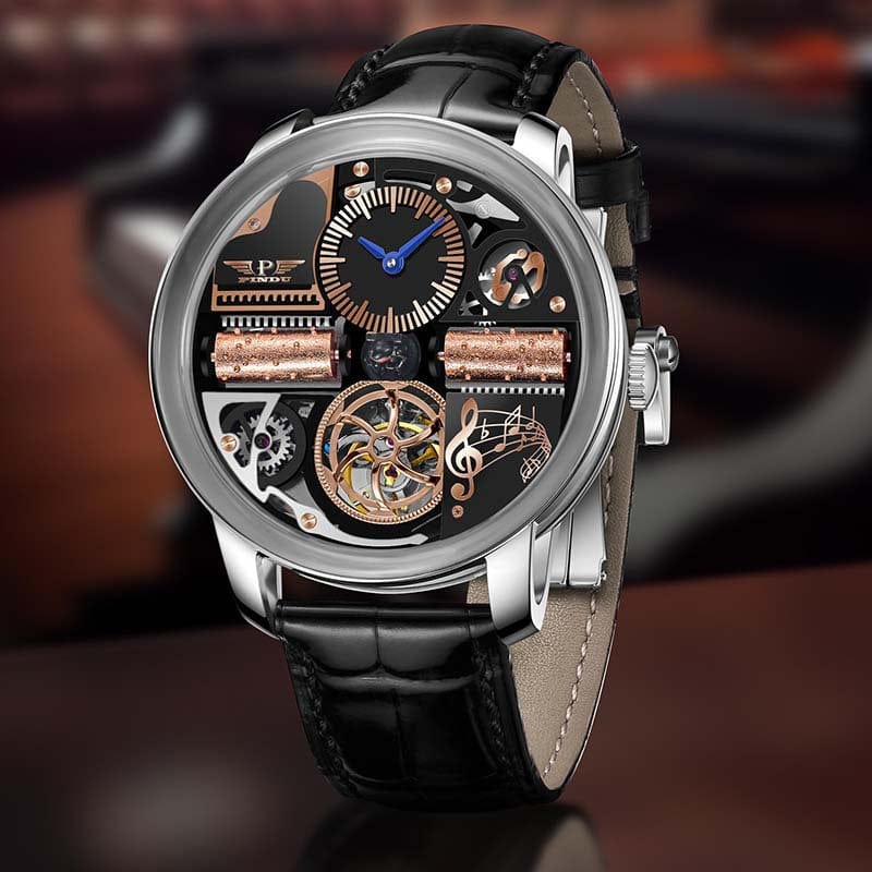 A mechanical wristwatch with a round silver case and a black leather strap, featuring an intricate skeletonized dial with visible copper-toned gears, a small blue-handed sub-dial, and musical note embellishments.