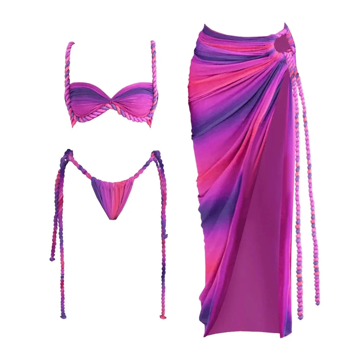 New 3Pcs Crochet Bikini Women Swimsuit Sexy Swimwear Halter Biquini Push Up Swim Suit Strappy Bodysuit Female Bathsuit Beachwear - A-1 Thread Vault