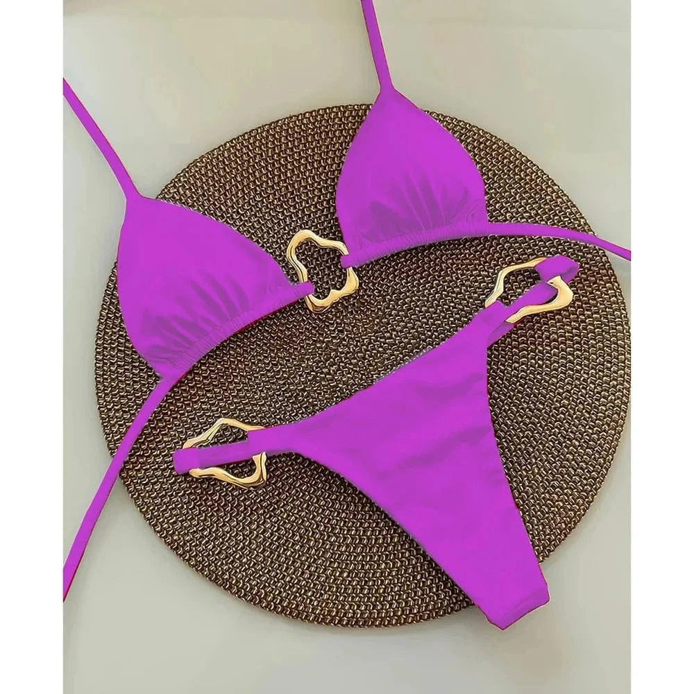 New Sexy Bikini Solid Color Lace-up Split Two-piece Swimsuit for Women - A-1 Thread Vault