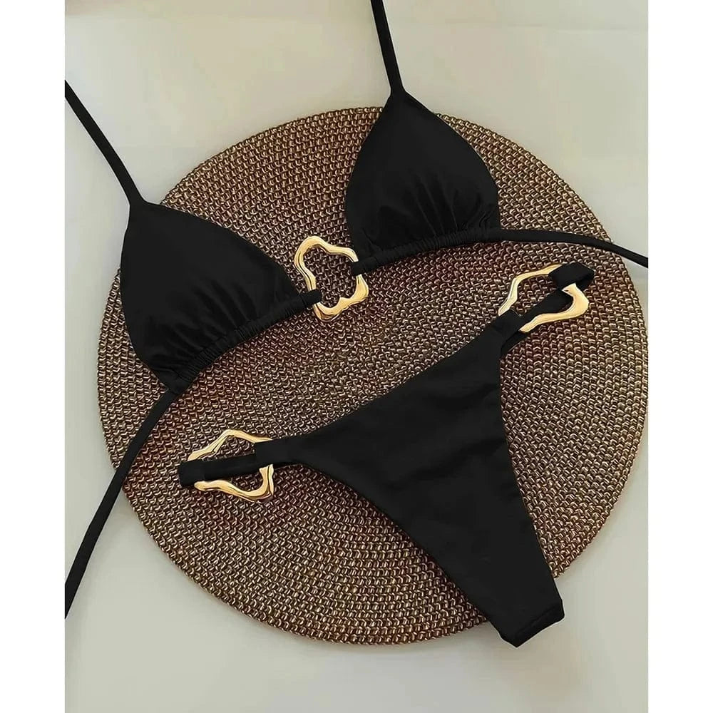New Sexy Bikini Solid Color Lace-up Split Two-piece Swimsuit for Women - A-1 Thread Vault