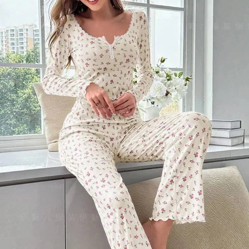 New Women Soft Comfortable sexy Floral Print Pajama Set Long Sleeve Top and Pants Loungewear Sleepwear Two Piece Set Homewear - A-1 Thread Vault