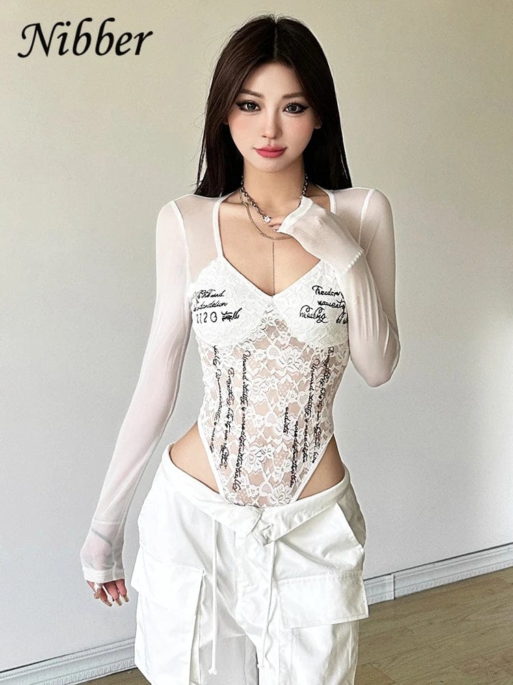 Nibber Lace up Woman Letter Print Bodysuits U Collar Hollow Out Long Sleeves Skinny Mesh Look Slimmer Korean Hottie Outfits - A-1 Thread Vault