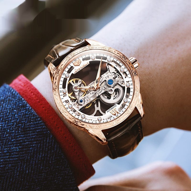 Openwork Mechanical Watch With Waterproof Leather Strap For Men - A-1 Thread Vault