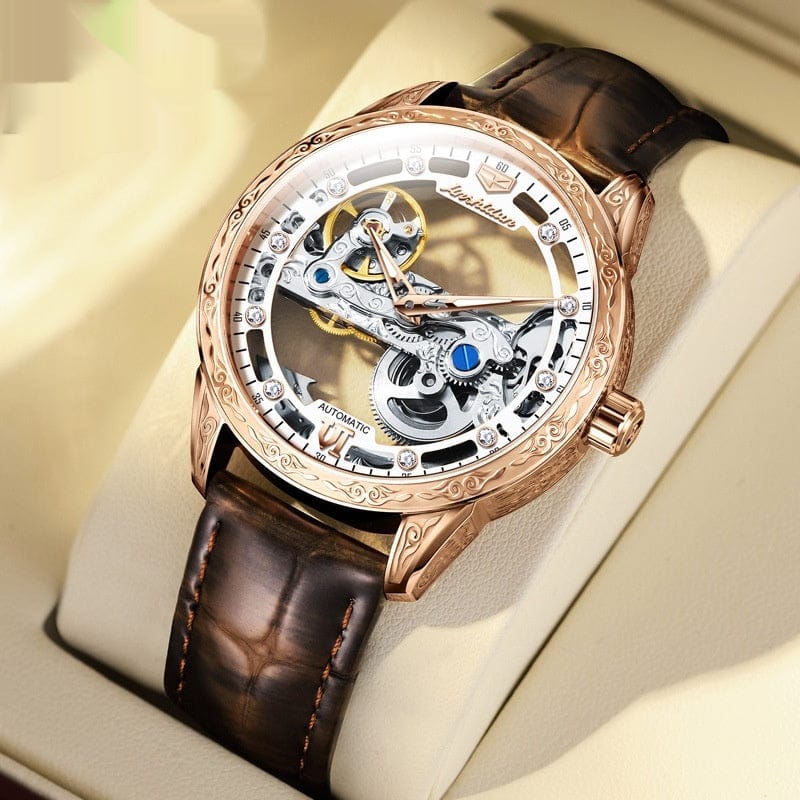 Openwork Mechanical Watch With Waterproof Leather Strap For Men - A-1 Thread Vault