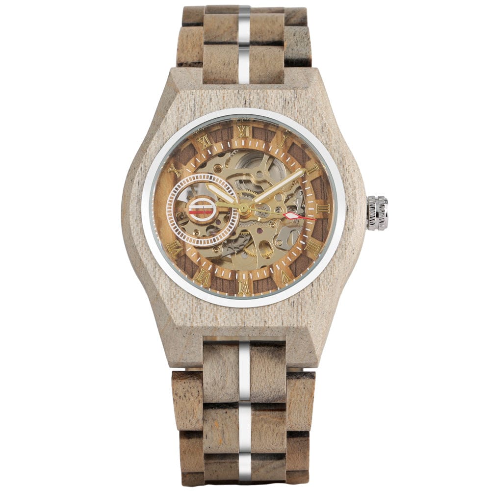 An analog wristwatch with a light brown wood-toned case and link bracelet, featuring a skeletal dial with gold Roman numeral indices, a silver-toned central stripe, and visible mechanical inner workings.