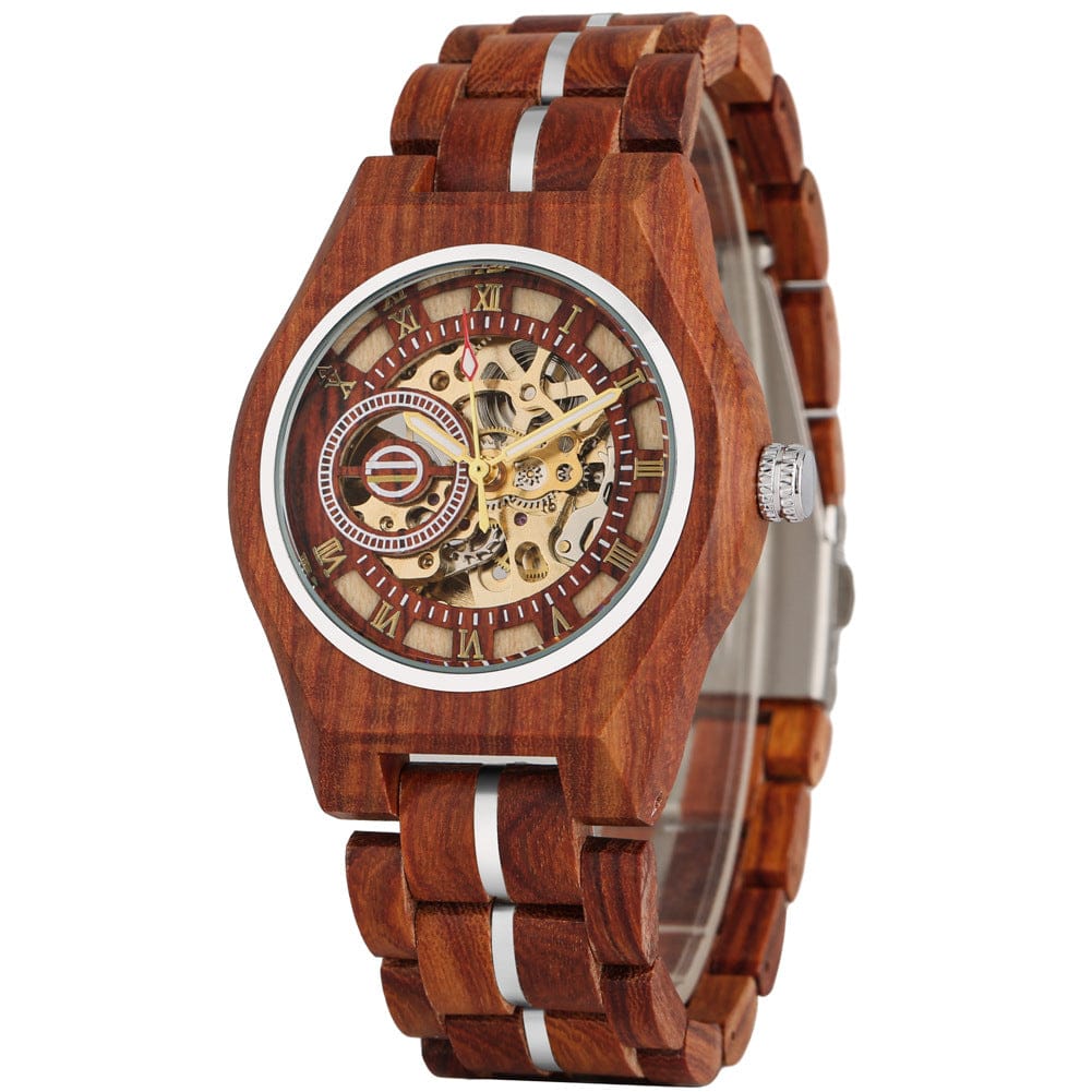 A wooden wristwatch with a round case and matching link bracelet features a visible skeletonized mechanical movement, gold-tone hands, and a dial with Roman numeral hour markers.