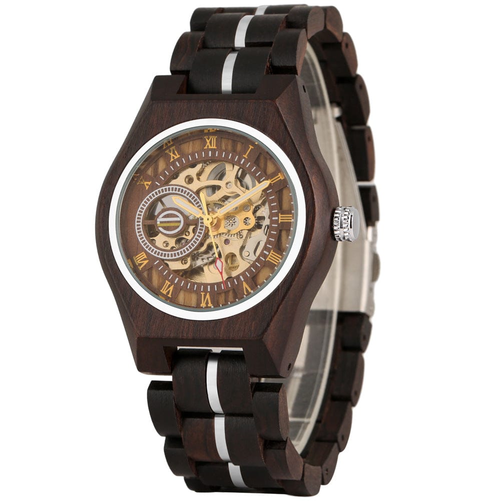 A wooden wristwatch with a skeleton dial, gold-toned hands, Roman numeral hour markers, and a matching wooden link band featuring a thin silver center stripe.