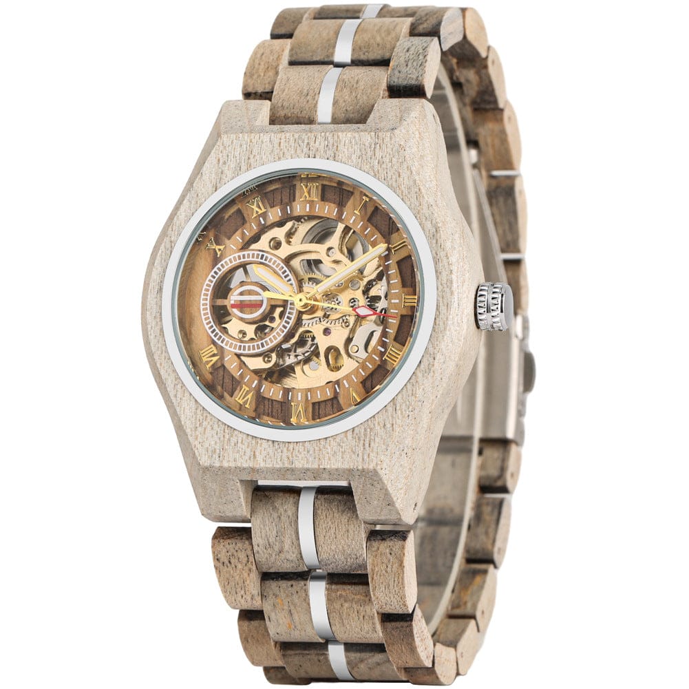 A skeleton wrist watch with a light brown wood grain case and link band accented by thin silver metallic strips featuring gold Roman numeral hour markers on a circular dial.