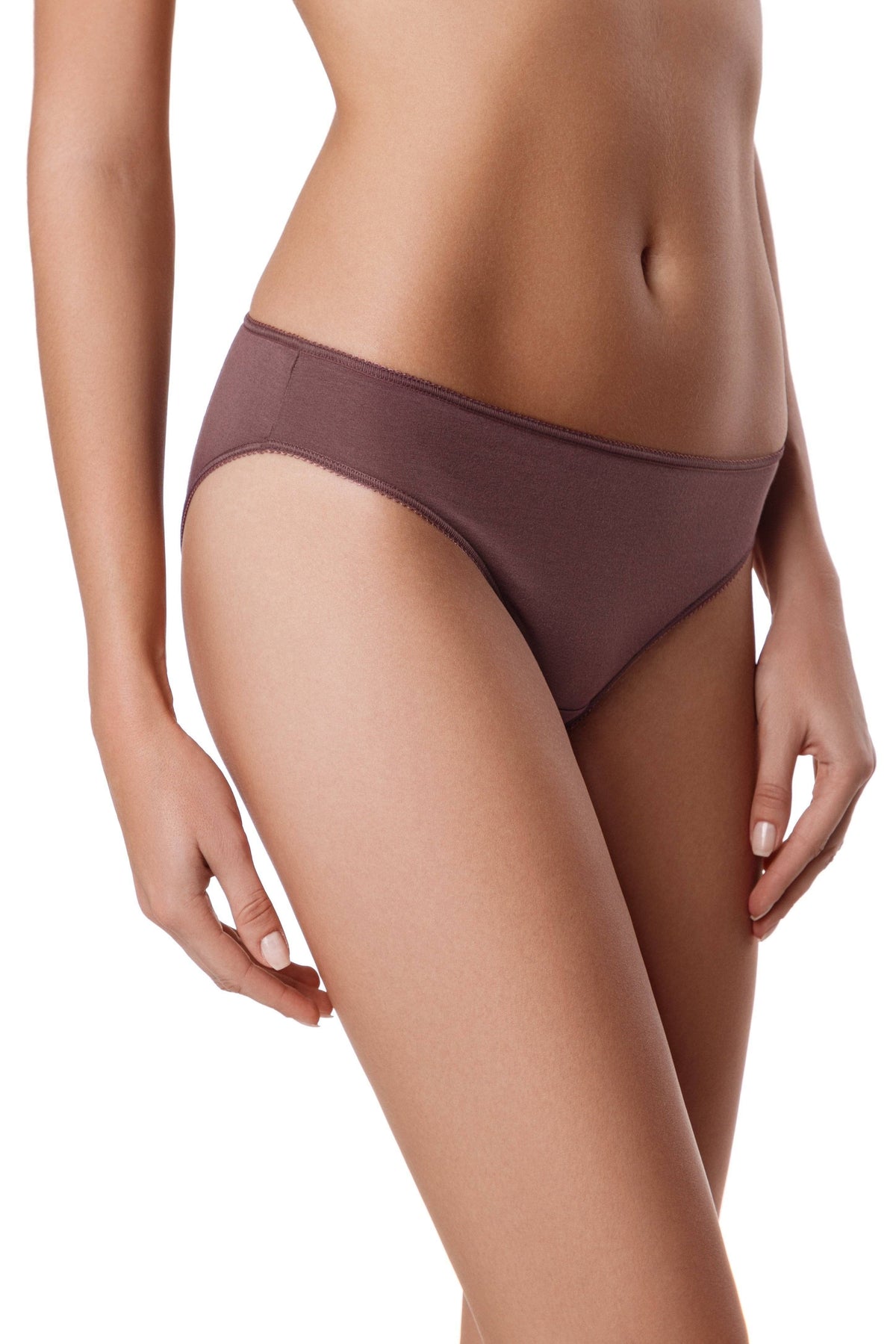 A pair of solid dark brown bikini-cut panties with thin elastic trim on a model's hips.
