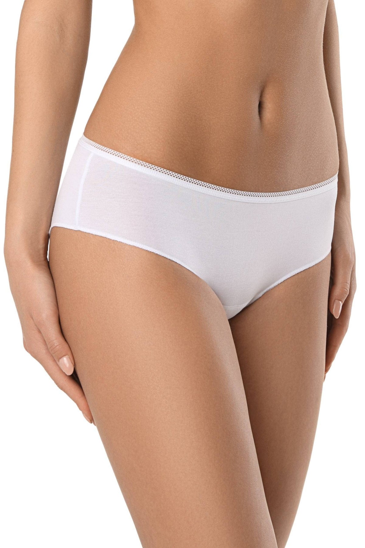 A pair of plain white low-rise bikini style panties with a subtle lace trim along the waistband, shown on a person's midsection.