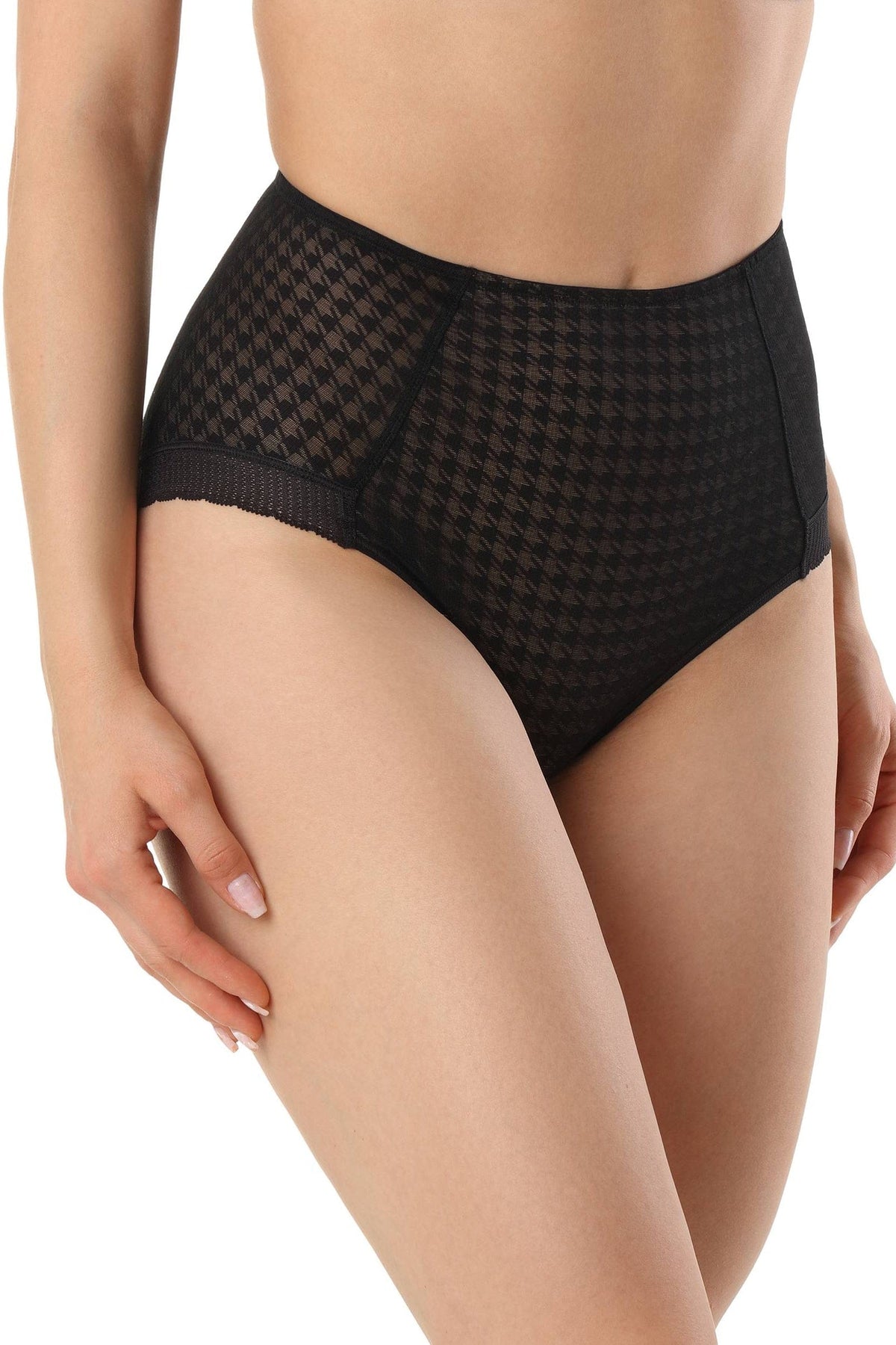 High-waisted black briefs featuring a subtle houndstooth patterned mesh panel across the front and sides worn by a model.