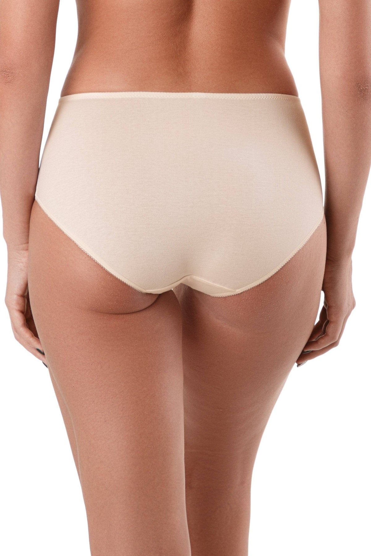 Beige high-waisted briefs seen from the back, featuring a simple seamless cut and delicate trim along the leg openings.
