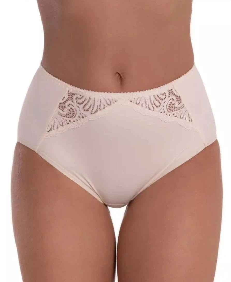 High-waisted beige panties featuring a decorative lace panel insert on each side of the front waistband.