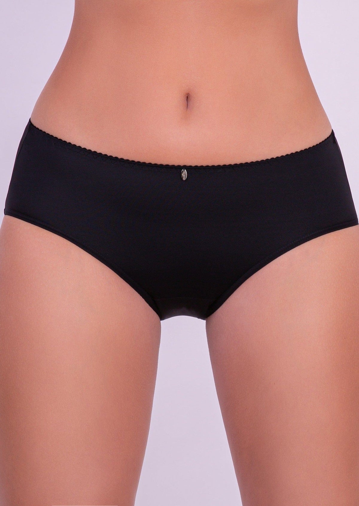 Black bikini-style panties with a delicate scalloped edge at the waistband and a small decorative silver charm centered at the front.
