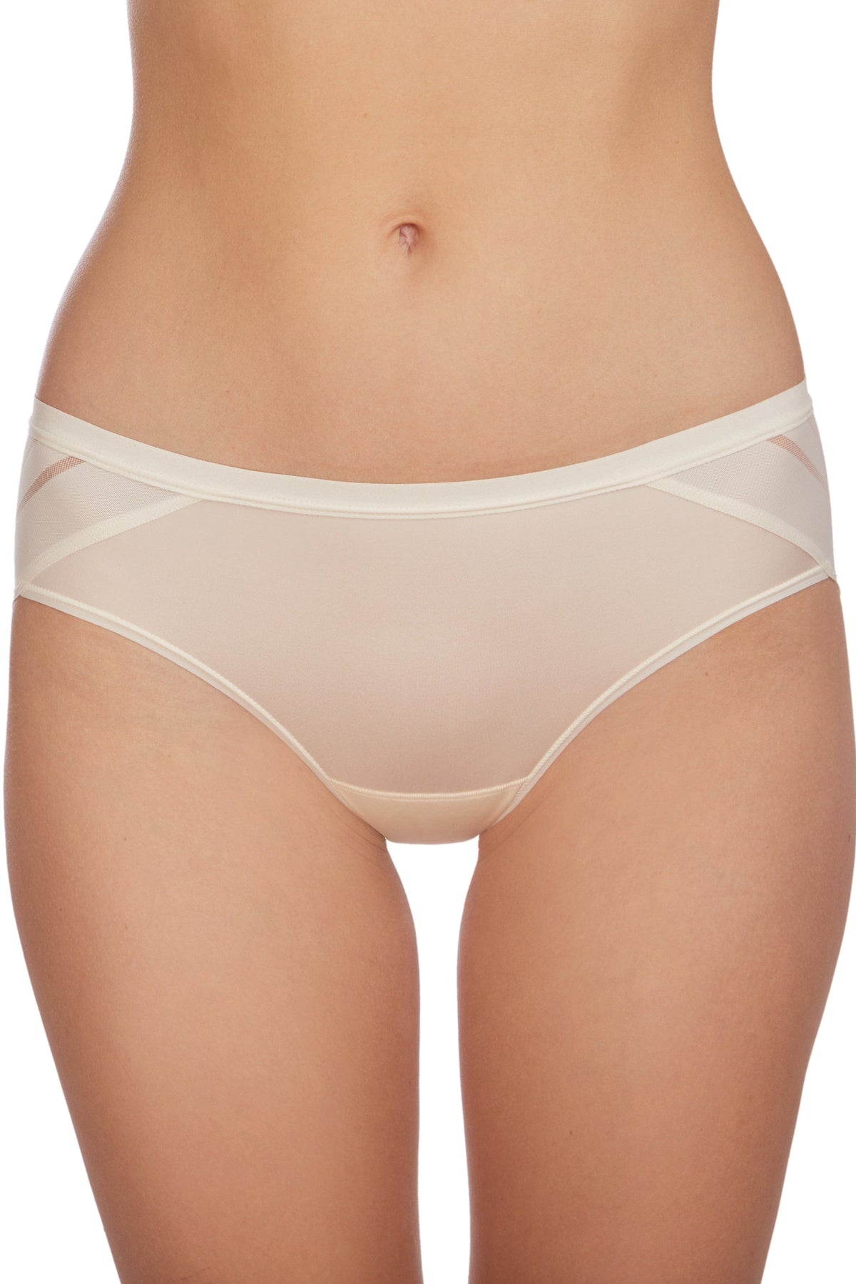 Beige bikini-style panties with sheer mesh side panels and a smooth center front panel worn by a person.
