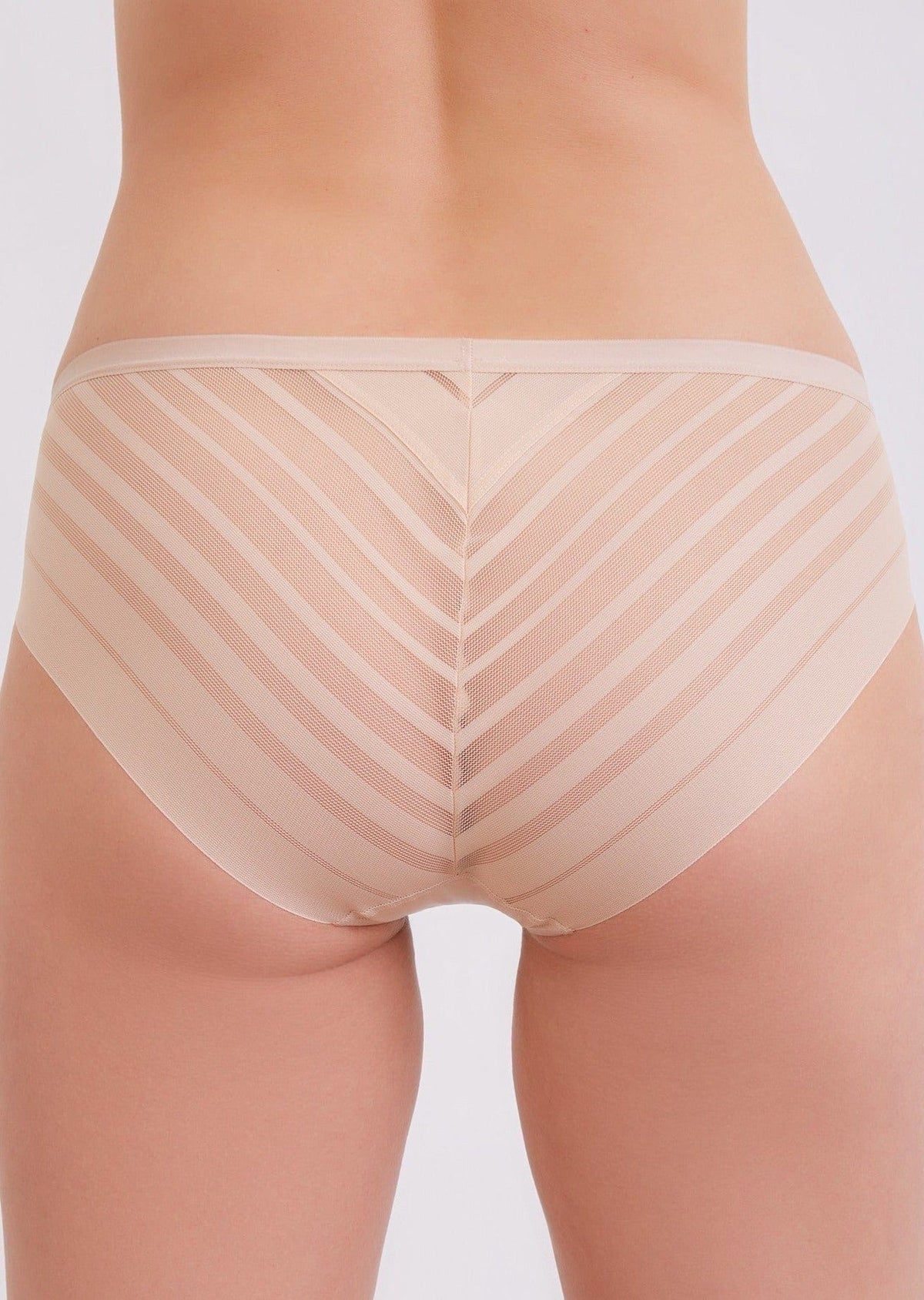 Beige panties with a seamless construction featuring a repeating chevron pattern of horizontal stripes on the back.