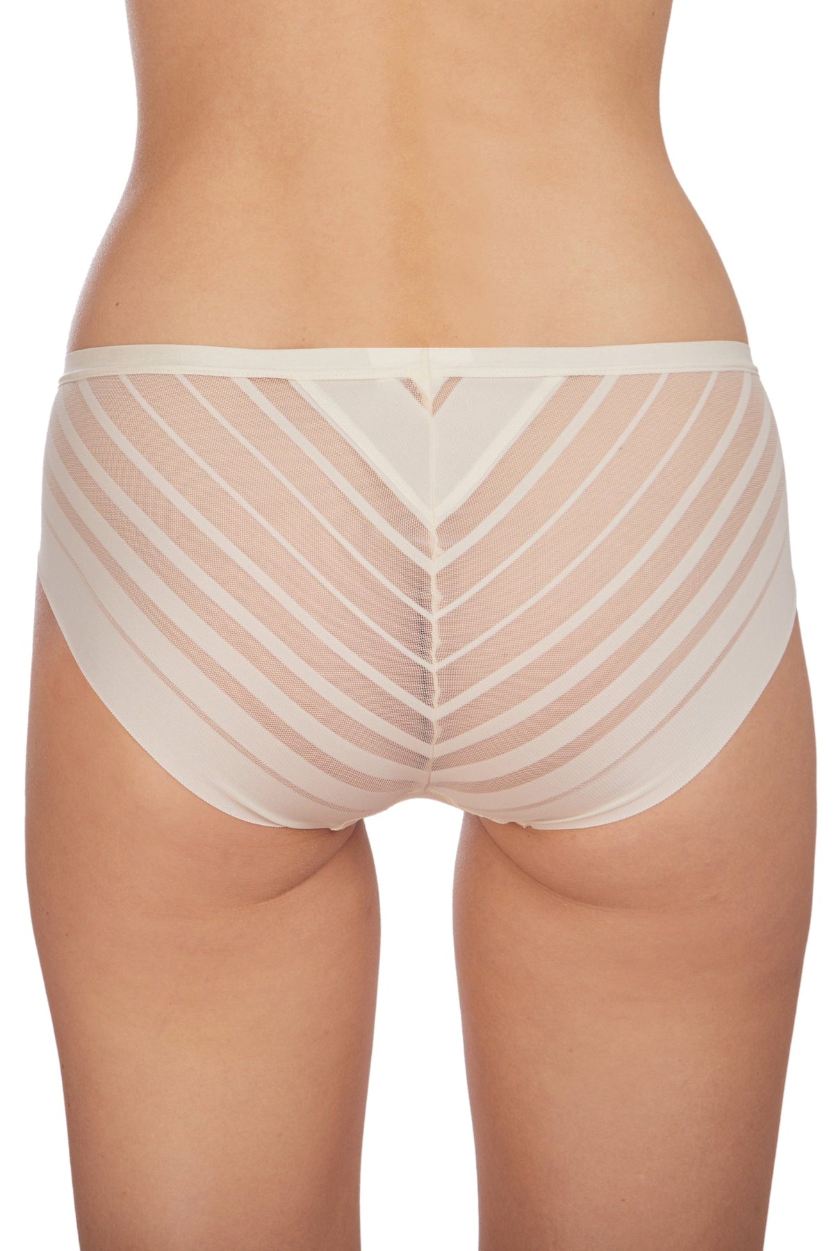 Beige bikini-style underwear viewed from the back, featuring a sheer mesh panel with a chevron-striped pattern.