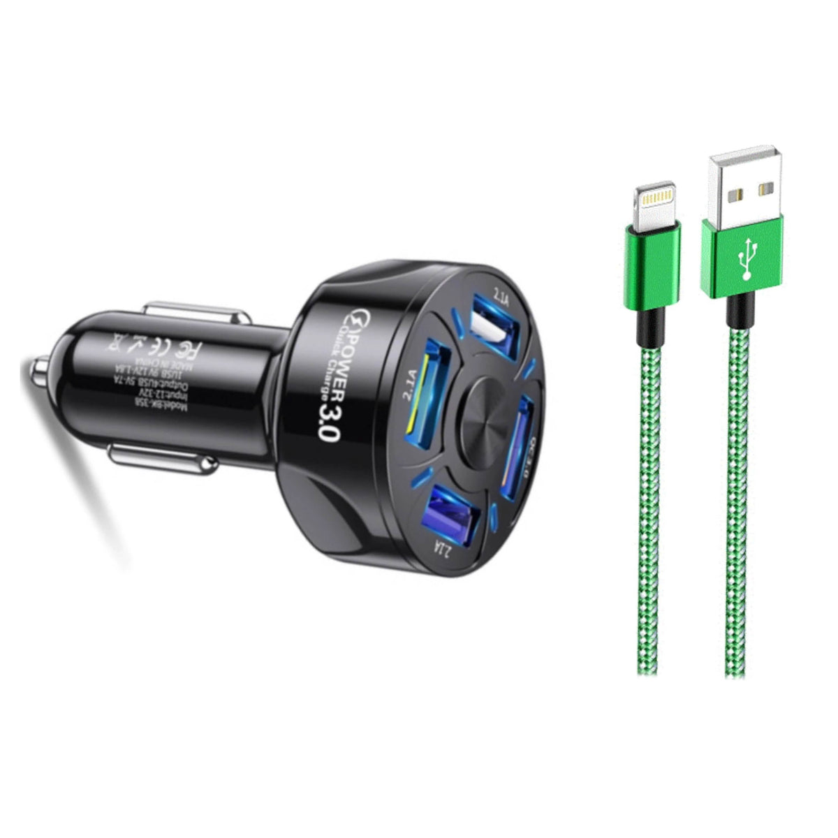 PBG 4 Port LED Car Charger and 6Ft. Lightning Cable Combo - A-1 Thread Vault