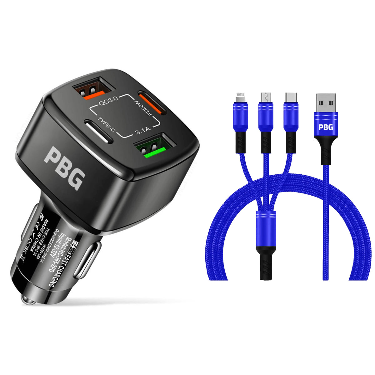 PBG Black 4 Port Car Charger and 4FT - 3 in 1 Nylon Cable Combo - A-1 Thread Vault