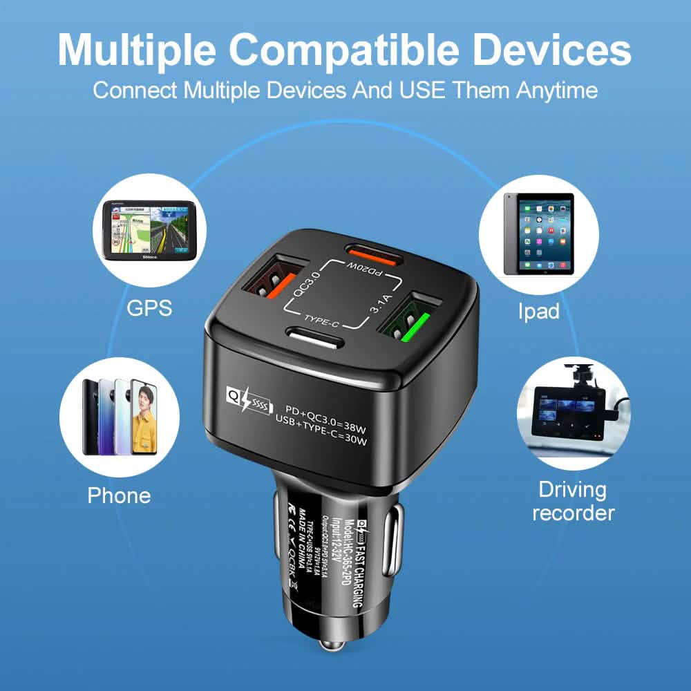 PBG Black 4 Port Car Charger and 4FT - 3 in 1 Nylon Cable Combo - A-1 Thread Vault